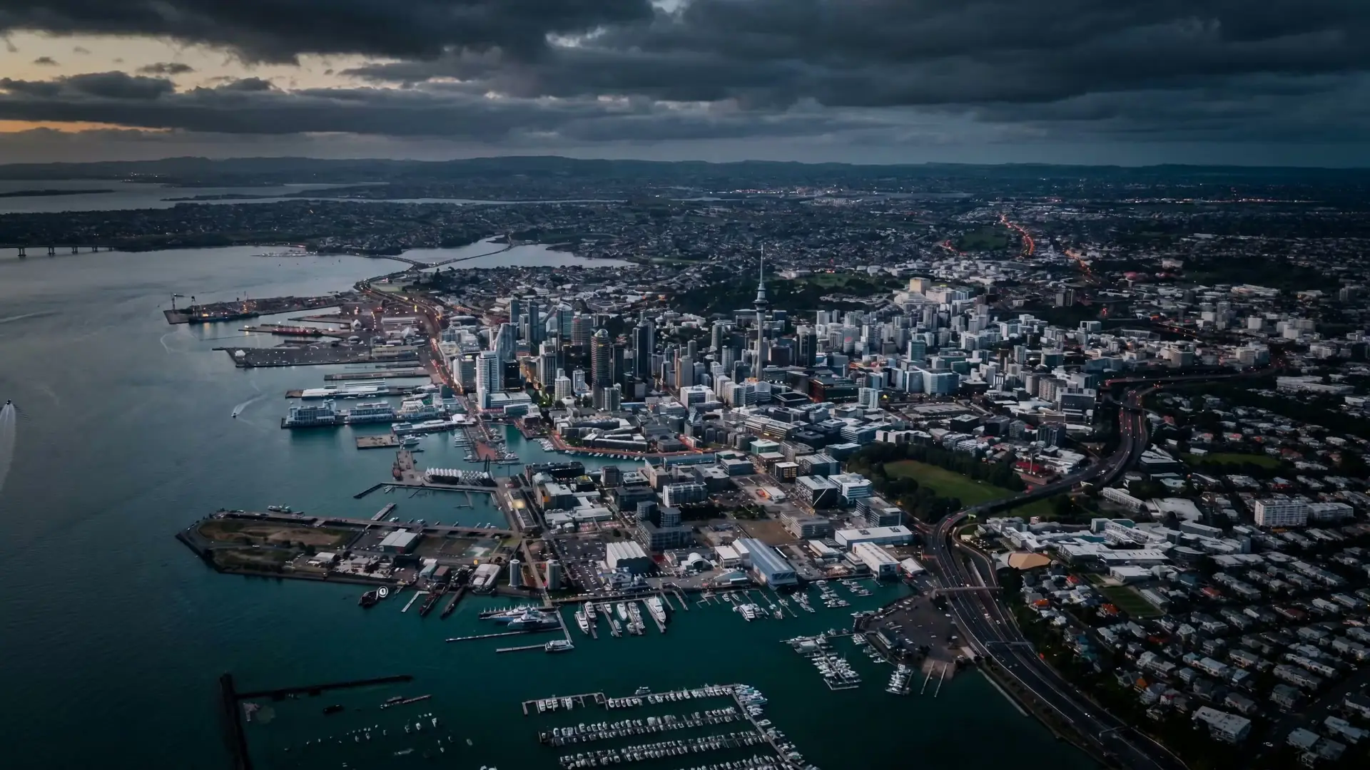 Aerial view of Auckland city and harbour